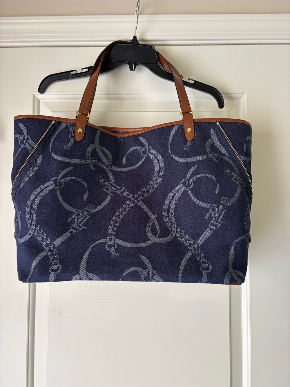 New w/ Tags - Ralph Lauren Navy and Brown Logo Canvas Tote - Picture 2 of 6